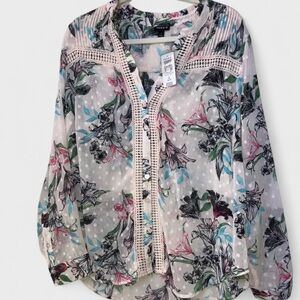 Torrid Chiffon Crochet Embroidered Button Cream Blouse Floral women’s Sz 1 NWT